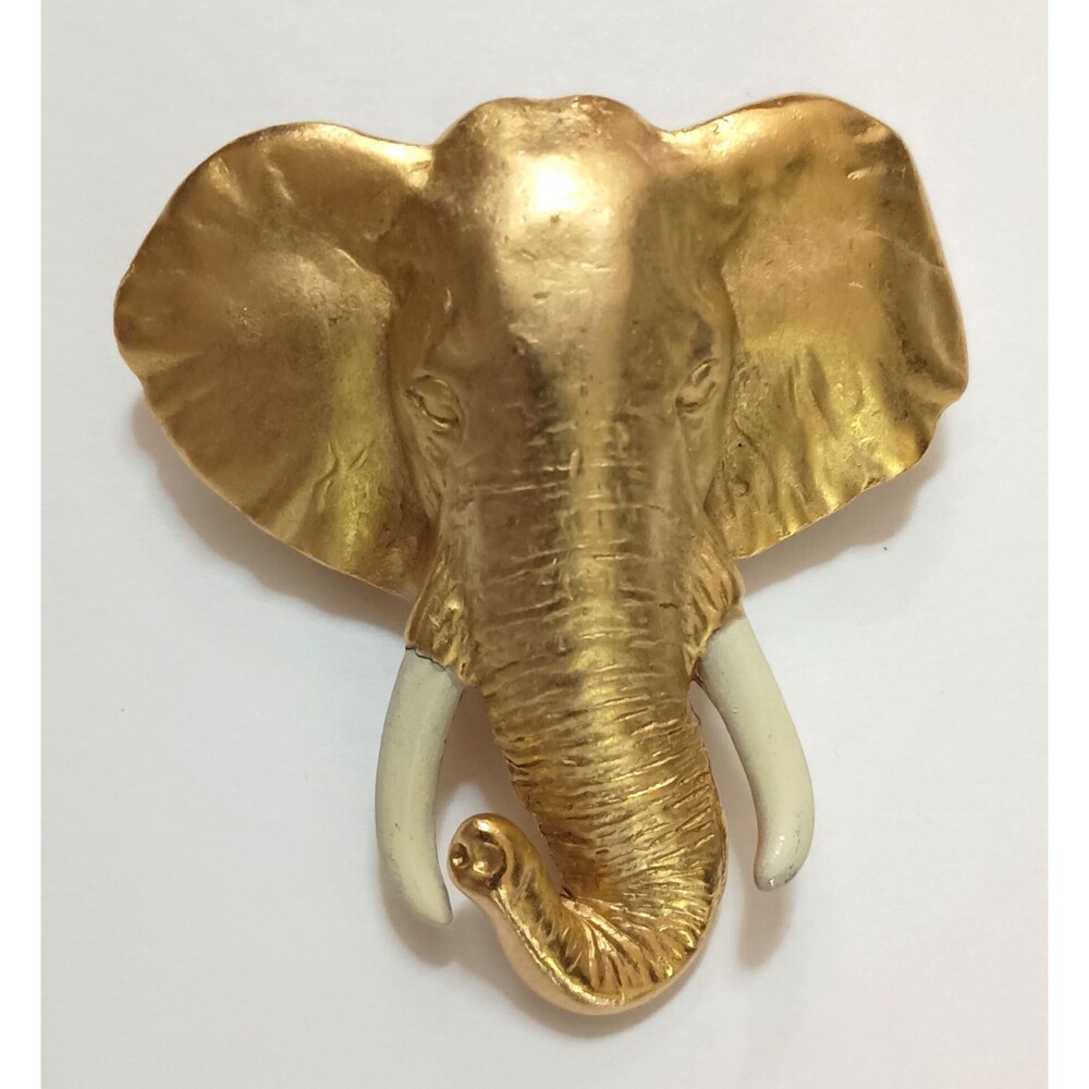 AJC Elephant Head Brooch Signed Gold Tone Faux Ivory Tusks Vintage Statement